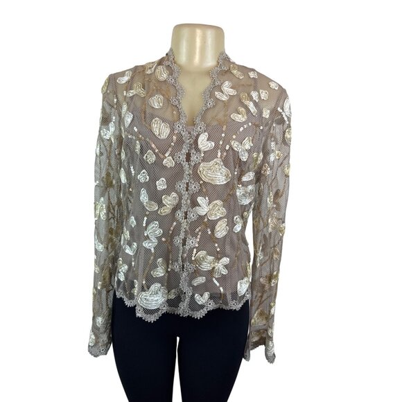 JS Boutique Women's Beige Sheer & Embroidered Long Sleeve Cami Set Sz 10 - Picture 1 of 11